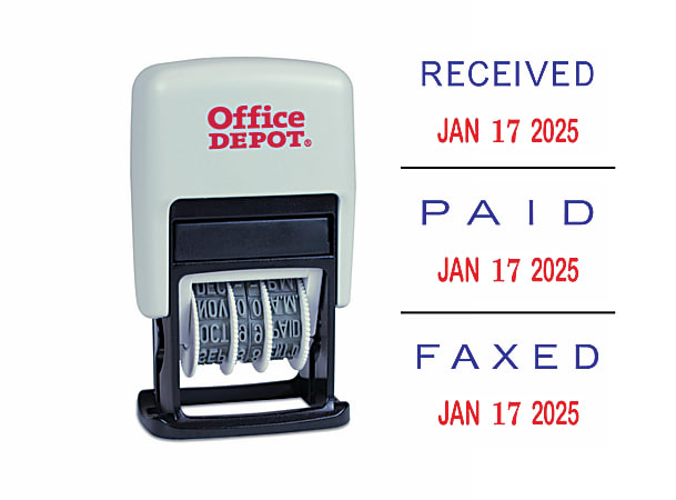 Office Depot Brand Date Message Stamp Dater Paid Received Faxed Self Inking  3 In 1 Micro Date Message Stamp Dater 1 116 x 58 Impression RedBlue Ink -  Office Depot